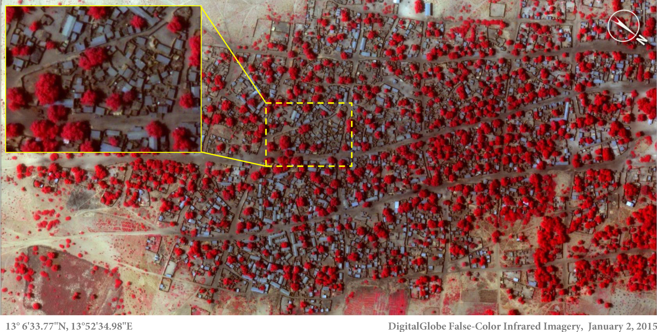 This Satellite image taken on Friday, Jan. 2, 2015 and released by Amnesty International of the village of Doron Baga in north-eastern Nigeria, shows before it was allegedly attacked by members of the Islamic extremist group Boko Haram. Satellite images showing widespread destruction in two Nigerian towns that were recently attacked by Islamic extremists, were released Thursday Jan. 15 by an  international human rights group  Amnesty International released detailed images of Baga and Doron Baga, taken before and after the attack earlier this month, that show more than 3,700 structures were damaged or completely destroyed. The images were taken Jan. 2 and Jan. 7, Amnesty International said. Boko Haram fighters seized a military base in Baga on Jan. 3 and, according to witnesses, killed hundreds civilians in the ensuing days. (AP Photo/ Micah Farfour, DigitalGlobe via Amnesty International) (AP)