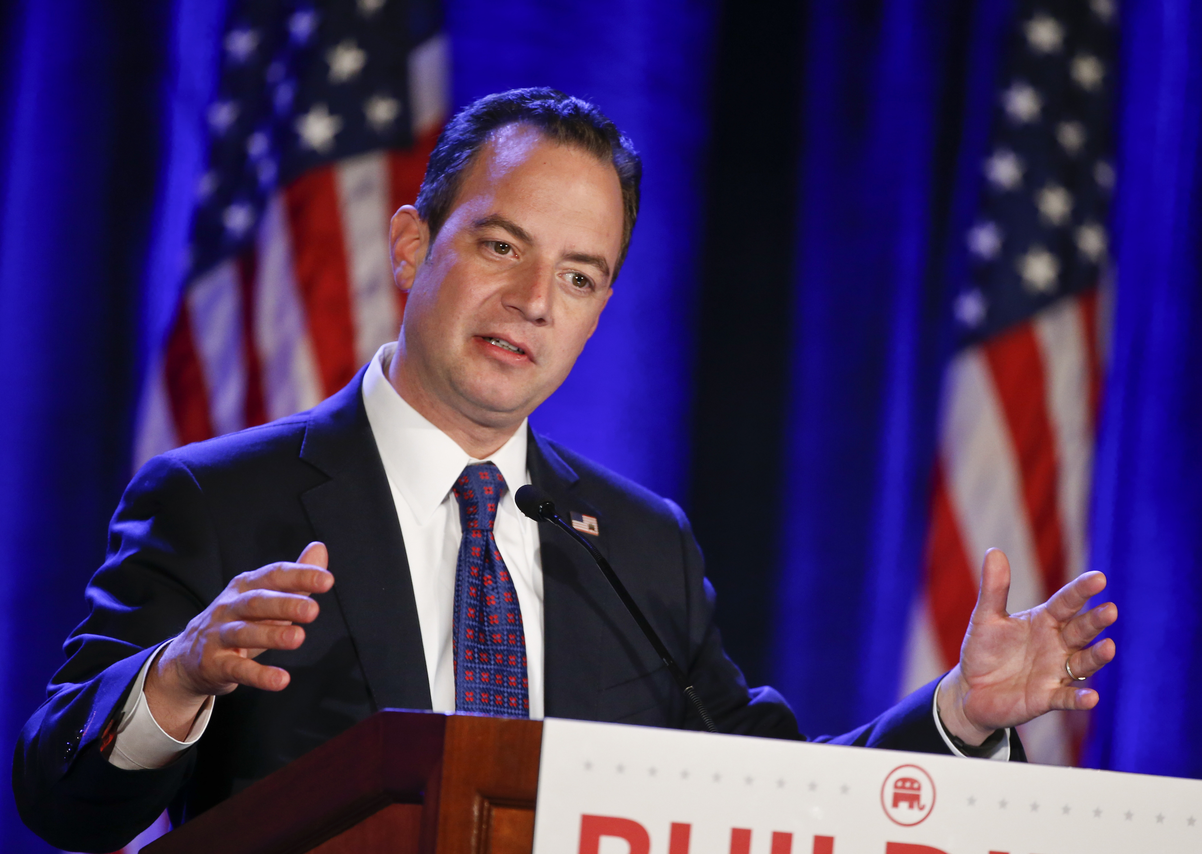 This photo taken Jan. 15, 2015 shows Republican National Committee Chairman Reince Priebus speaking at the Republican National Committee meetings in San Diego. Republicans meeting in California have re-elected party chairman Priebus, a once little-known Wisconsin lawyer who supporters say has turned the GOP organization around. (AP Photo/Lenny Ignelzi) (AP)