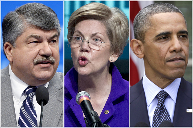 Richard Trumka, Elizabeth Warren, Barack Obama (Reuters/AP/Kevork Djansezian/Jose Luis Magana/Yuri Gripas)
