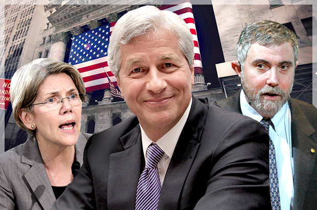 Elizabeth Warren, Jamie Dimon, Paul Krugman (Reuters/Jonathan Ernst/Yuri Gripas/AP/Fredrik Persson/Photo montage by Salon)
