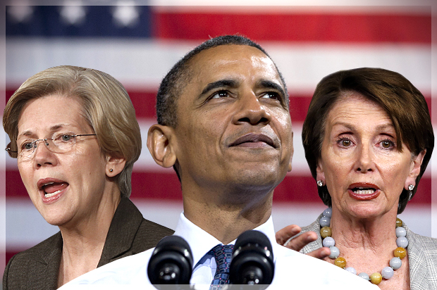 Elizabeth Warren, Barack Obama, Nancy Pelosi (AP/Charles Dharapak/Carolyn Kaster/Reutesr/Kevin Lamarque/Photo montage by Salon)