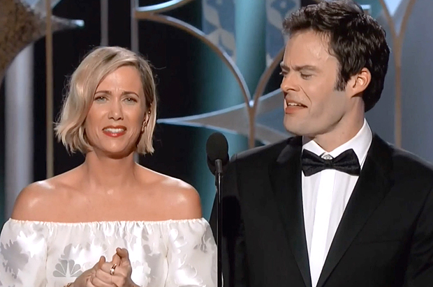 Kristen Wiig and Bill Hader at the 72nd Annual Golden Globe Awards on Sunday, Jan. 11, 2015. (NBC)