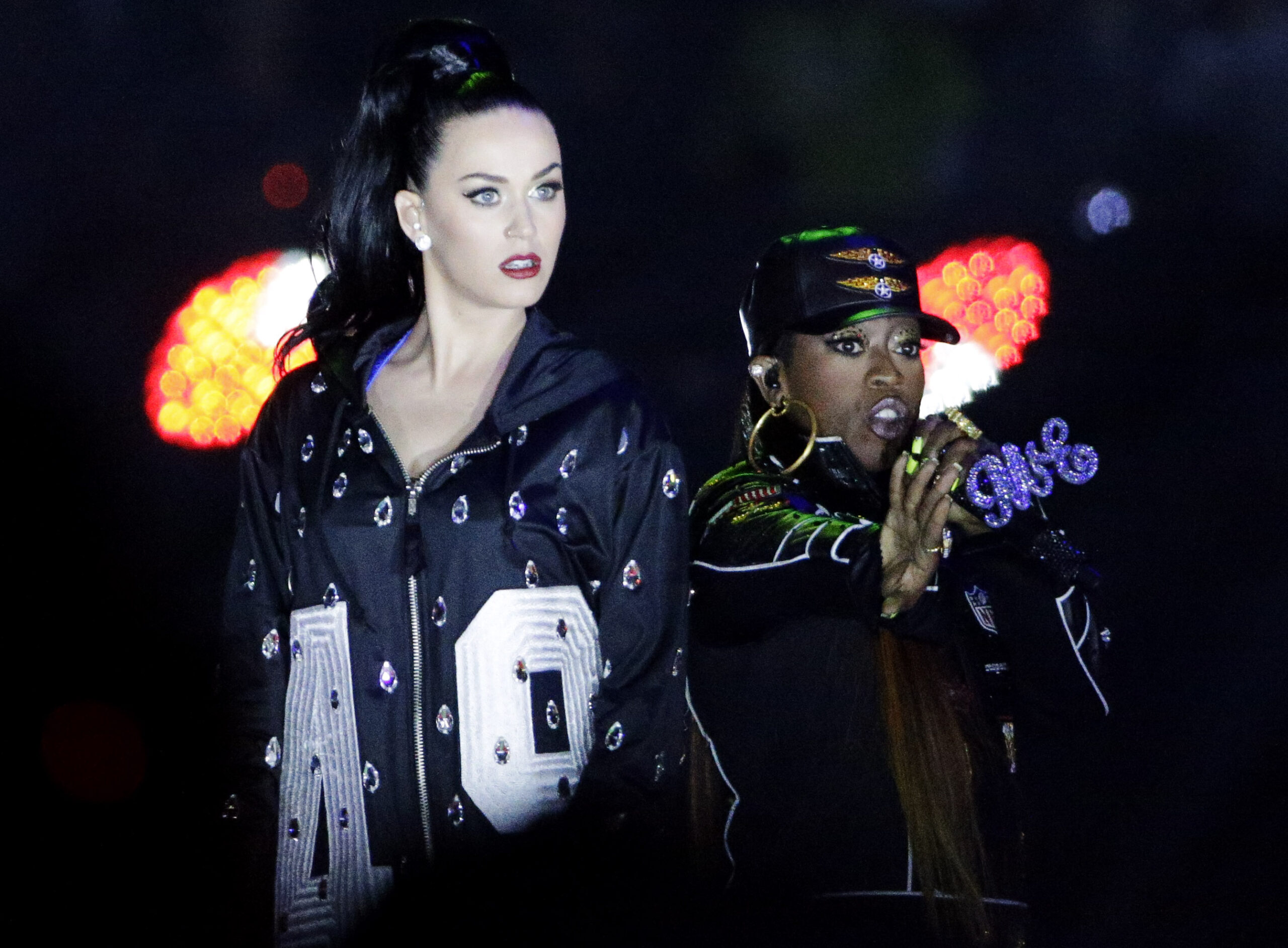 Singers Katy Perry, left and Missy Elliott perform during halftime of NFL Super Bowl XLIX. (AP/David J. Phillip)