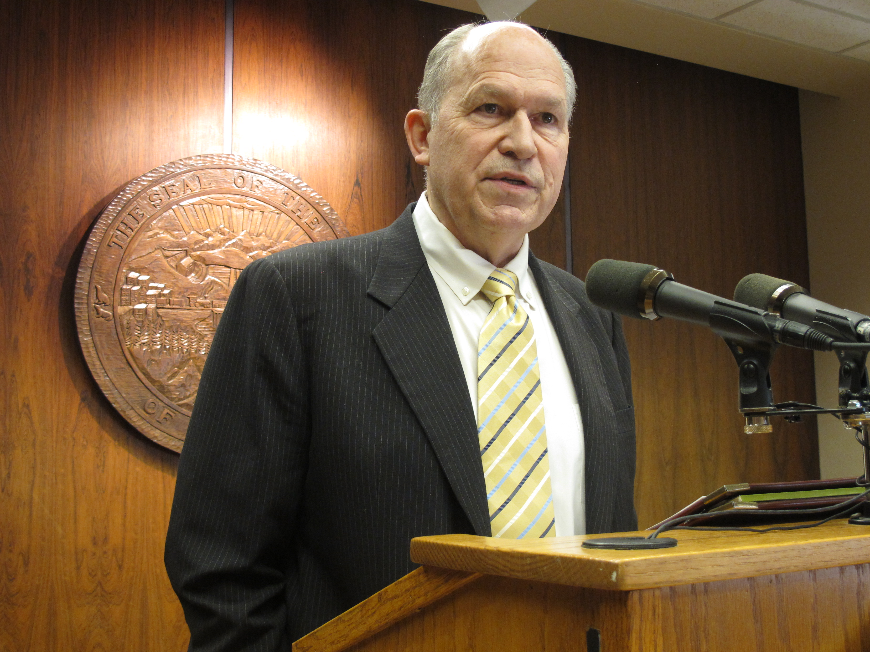 Gov. Bill Walker speaks to reporters after releasing details on his budget proposal for next year on Thursday, Feb. 5, 2015, in Juneau, Alaska. (AP Photo/Becky Bohrer) (AP)