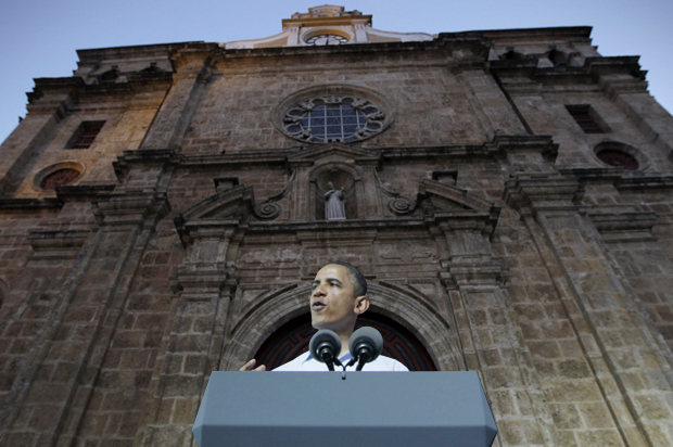 Barack Obama, speaking in front of the San Pedro Claver church in Cartagena, Colombia, April 15, 2012. (AP/Carolyn Kaster/Photo montage by Salon)
