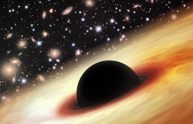 "An artist's impression of a quasar with a supermassive black hole in the distant universe," from the University of Arizona (Zhaoyu Li/NASA/JPL-Caltech/Misti Mountain Observatory)