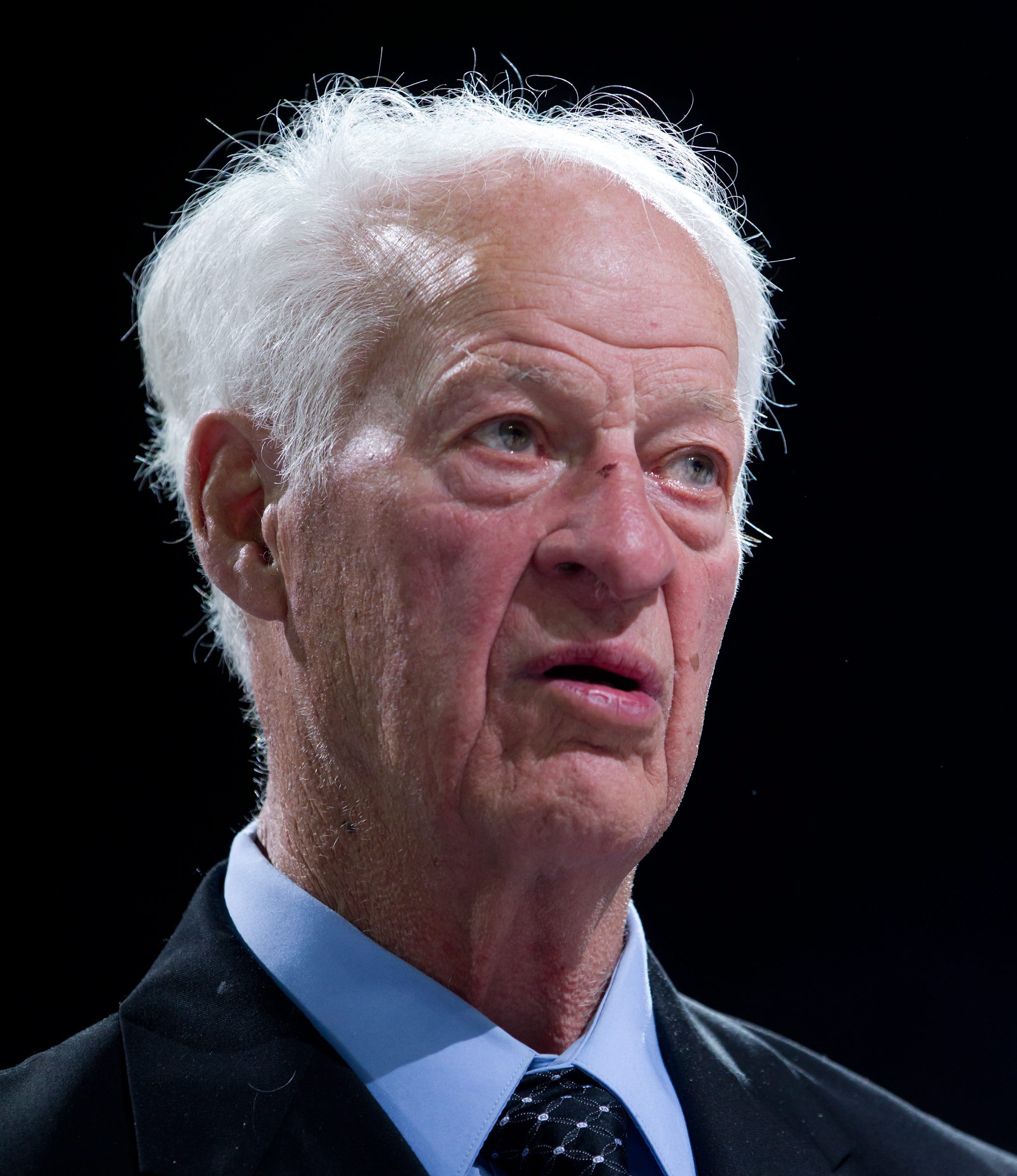 FILE - In this March 1, 2013, file photo, hockey Hall of Famer Gordie Howe looks on during an 85th birthday ceremony for him before the Vancouver Giants and Lethbridge Hurricanes WHL hockey game in Vancouver British Columbia. Some of the greatest players in hockey history are paying tribute to Gordie Howe in Saskatoon, Saskatchewan Friday, Feb. 6, 2015. (AP Photo/The Canadian Press, Darryl Dyck, File) (AP)