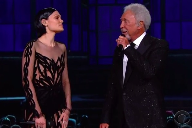 Jessie J and Tom Jones perform at the 2015 Grammy Awards. (CBS)