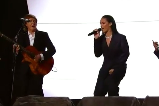 Paul McCartney and Rihanna perform their new collaboration "FourFiveSeconds" with Kanye West at the 2015 Grammy Awards. (CBS)