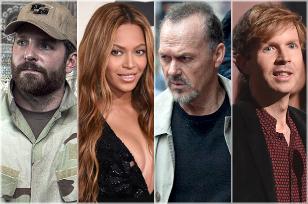 Bradley Cooper in "American Sniper," Beyonce, Michael Keaton in "Birdman," Beck (AP/Jordan Strauss/John Shearer)