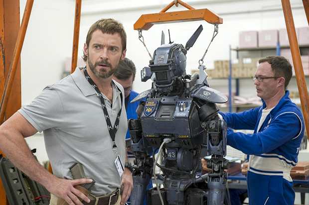 Hugh Jackman and Chappie in "Chappie" (Columbia Pictures)