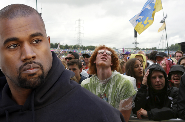 Kanye West; Glastonbury festival-goers. (Reuters/Charles Platiau/Cathal Mcnaughton/Photo montage by Salon)