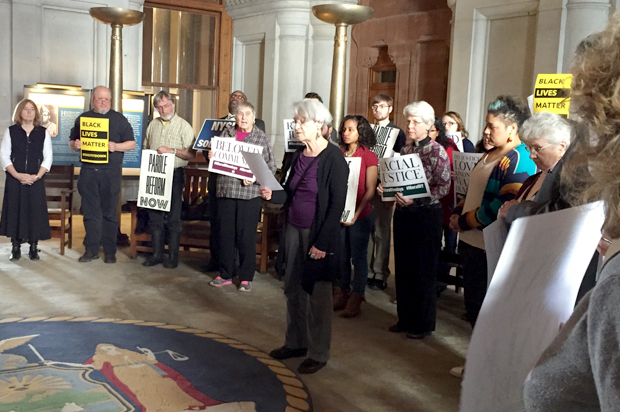 Protesters gather at the Capitol Building in Albany, New York, for a Moral Mondays demonstration March 9, 2015. (Sarah Jaffe)