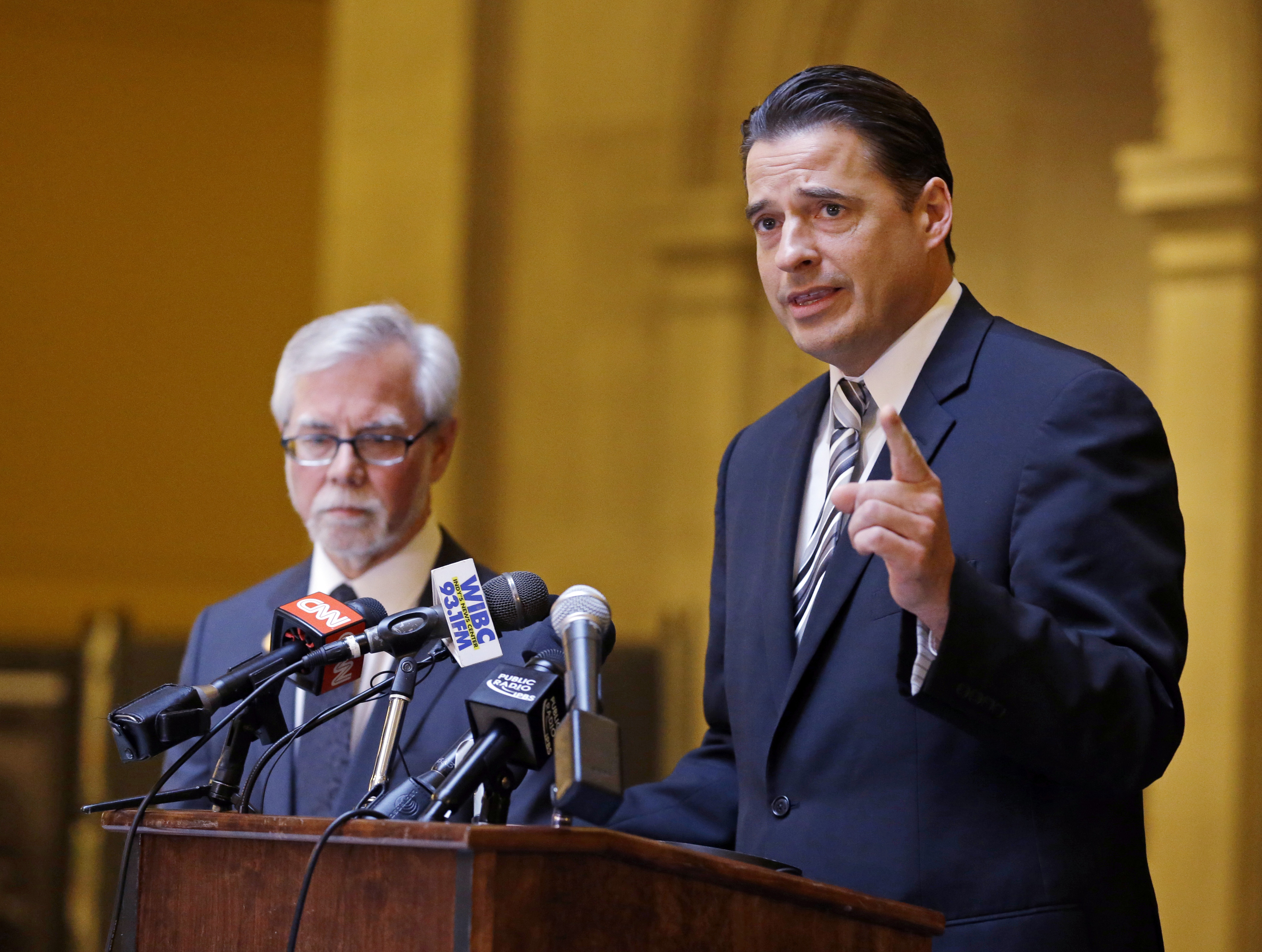 Indiana Senate Democratic Leader Tim Lanane, left, D-Anderson, and Indiana House Democratic Leader Scott Pelath, D-Michigan City, call for the repeal of the Indiana Religious Freedom Restoration Act during a press conference at the Statehouse in Indianapolis, Monday, March 30, 2015.  Republican legislative leaders say they are working on adding language to a new state law to make it clear that it doesn't allow discrimination against gays and lesbians. (AP Photo/Michael Conroy) (AP)