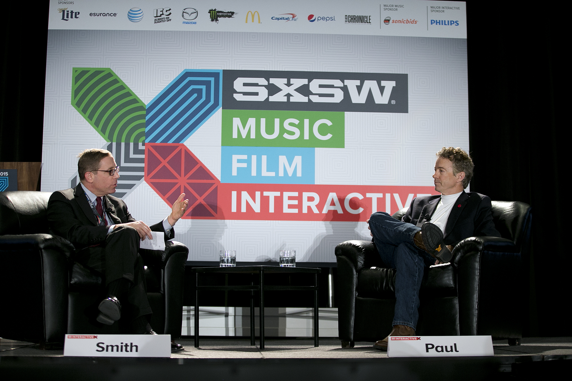 Sen. Rand Paul, right, and the Texas Tribune's Evan Smith speak at SXSW, Sunday, March 15, 2015 in Austin, Texas. (AP Photo/Austin American-Statesman, Deborah Cannon)  AUSTIN CHRONICLE OUT, COMMUNITY IMPACT OUT, INTERNET AND TV MUST CREDIT PHOTOGRAPHER AND STATESMAN.COM, MAGS OUT (AP)