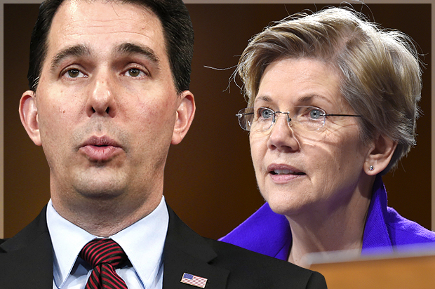 Scott Walker, Elizabeth Warren (Reuters/Yuri Gripas/AP/Susan Walsh/Photo montage by Salon)