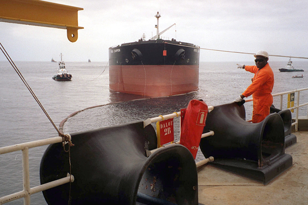 The production platfom at Girassol, Angola's biggest deep-sea oil field, July 13 2002. (AP/Bruce Stanley)