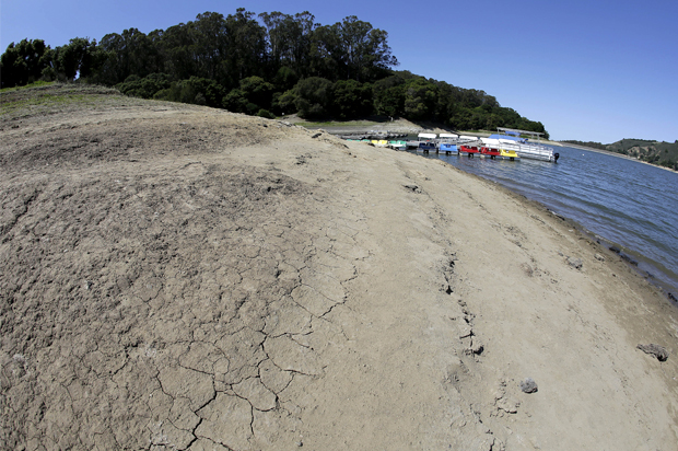 The dried shore at San Pablo Reservoir Recreation Area in El Sobrante, Calif., Thursday, April 2, 2015. (AP/Eric Risberg)