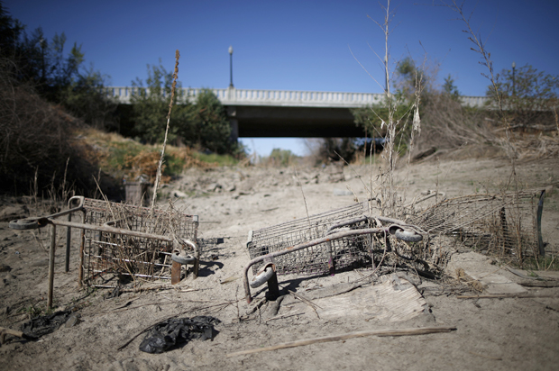 Discarded shopping carts lie in the dry Tule riverbed in Porterville, California, October 14, 2014. (Reuters/Lucy Nicholson)