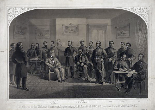 This image provided buy the Library of Congress shows an artist rendering of the surrender of Confederate General Robert E. Lee to Union General Ulysses S. Grant in the front parlor of the McLean house at Appomattox Court House on April 9, 1865.  A reenactment of the surrender will take place in Appomattox on April 9, 2015, to commemorate the 150th anniversary of the surrender.  (AP Photo/Library of Congress Prints and Photographs Division, Kurz and Allison) (AP)