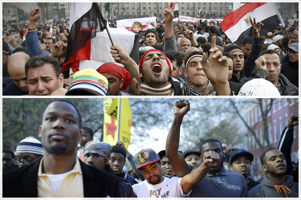 Egyptian anti-government demonstrators in Tahrir Square, Cairo February 7, 2011; Protesters outside the Baltimore Police Department's Western District police station, April 21, 2015. (Reuters/Amr Dalsh/AP/Patrick Semansky)