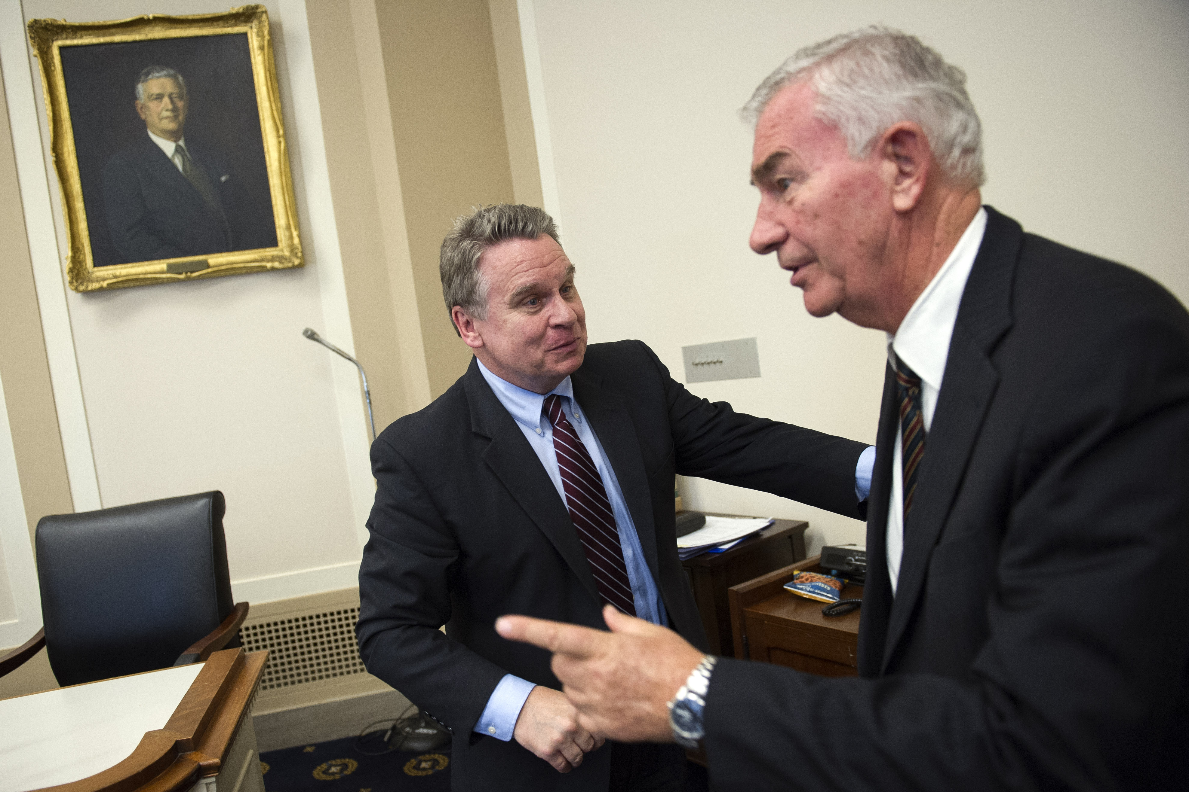 Committee on Foreign Affairs subcommittee on Africa, Global Health, Global Human Rights, and International Organizations Chairman Christopher Smith, R-N.J., left, speaks with witness Father Shay Cullen, president and chief executive officer, PREDA Foundation, after a hearing on the fight against human trafficking,  in Washington, Wednesday, April 22, 2015. (AP Photo/Cliff Owen) (AP)