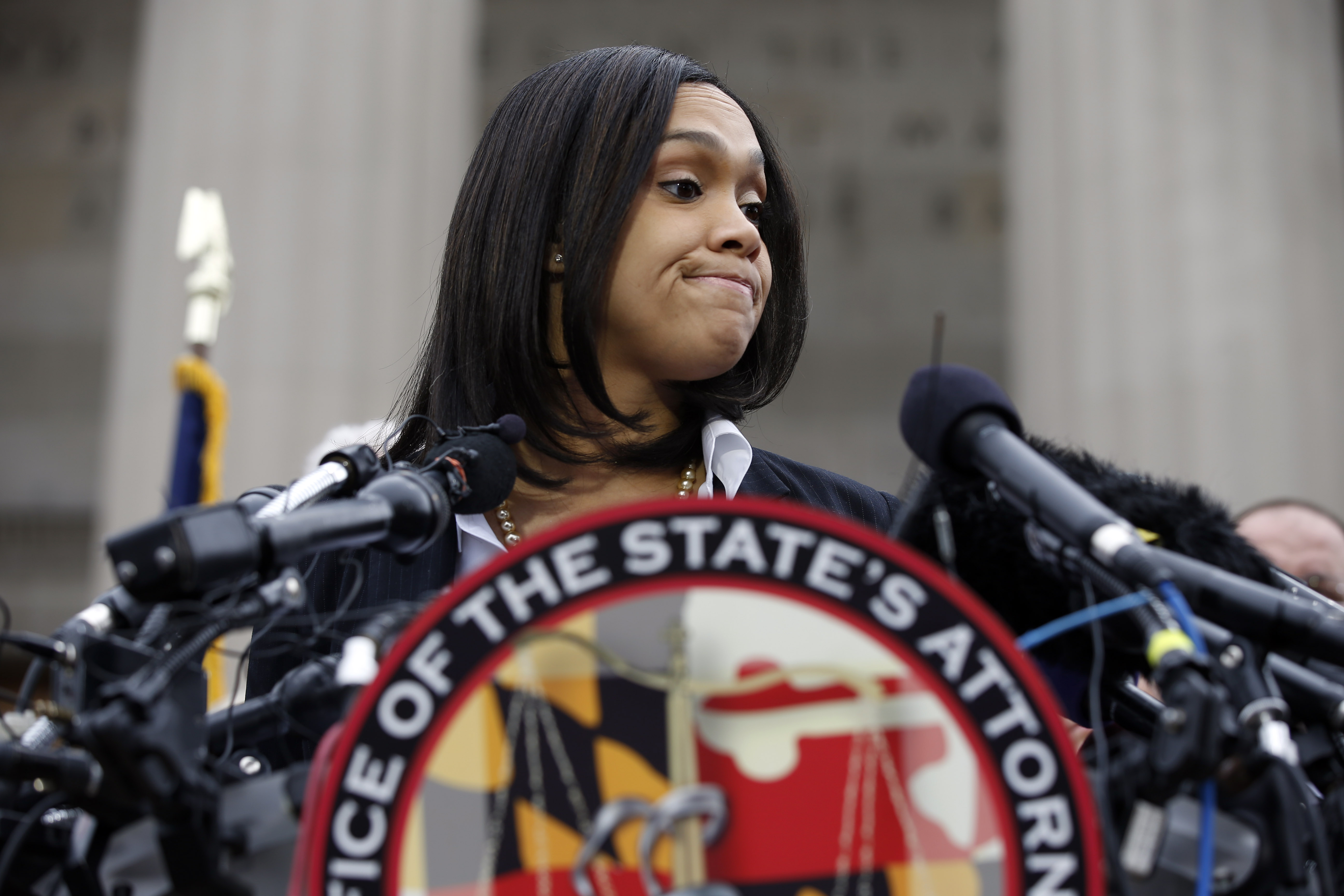 Marilyn Mosby, Baltimore state's attorney, pauses while speaking during a media availability, Friday, May 1, 2015 in Baltimore. Mosby announced criminal charges against all six officers suspended after Freddie Gray suffered a fatal spinal injury while in police custody. (AP/Alex Brandon)