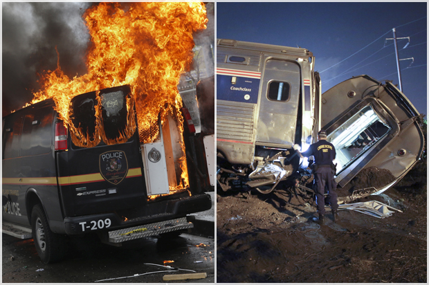 A Baltimore Metropolitan Police vehicle burns in Baltimore, April 27, 2015; the Amtrak train wreck, May 12, 2015, in Philadelphia. (Reuters/Shannon Stapleton/AP/Joseph Kaczmarek)