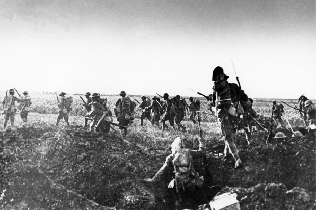 The 28th Infantry Regiment of the First Division, A.E.F. going over the top on May 28, 1918 during the first American offensive of World War I in the battle of Cantigny, France. (AP)