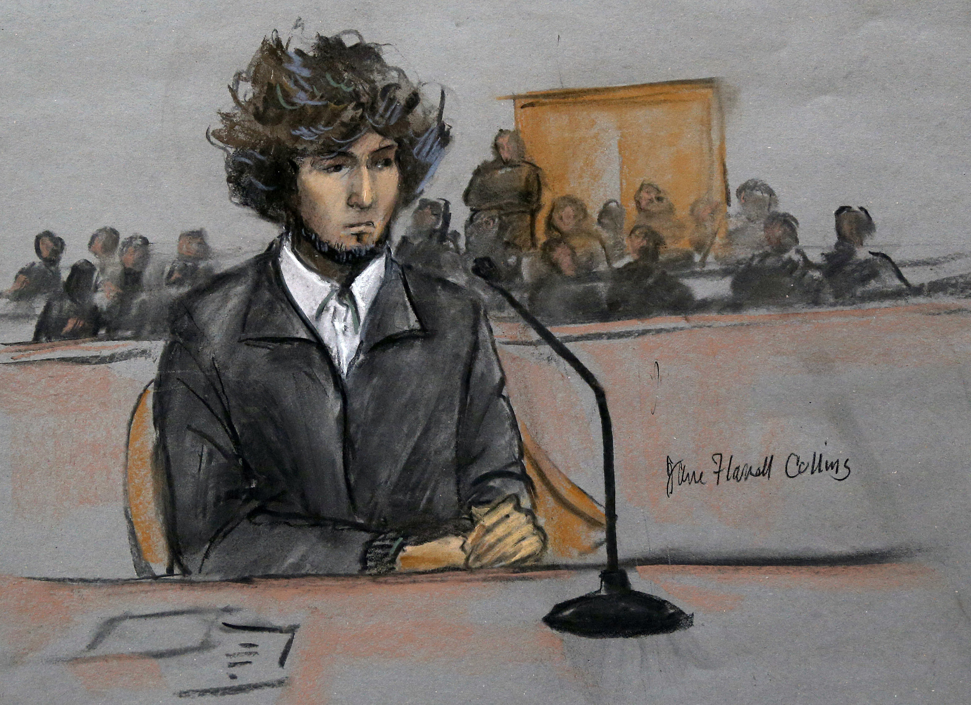 FILE - In this Thursday, Dec. 18, 2014 courtroom sketch, Boston Marathon bombing suspect Dzhokhar Tsarnaev sits in federal court in Boston for a final hearing before his trial begins in January. On Friday, May 15, 2015, Dzhokhar Tsarnaev was sentenced to death by lethal injection for the 2013 Boston Marathon terror attack. (AP/Jane Flavell Collins)