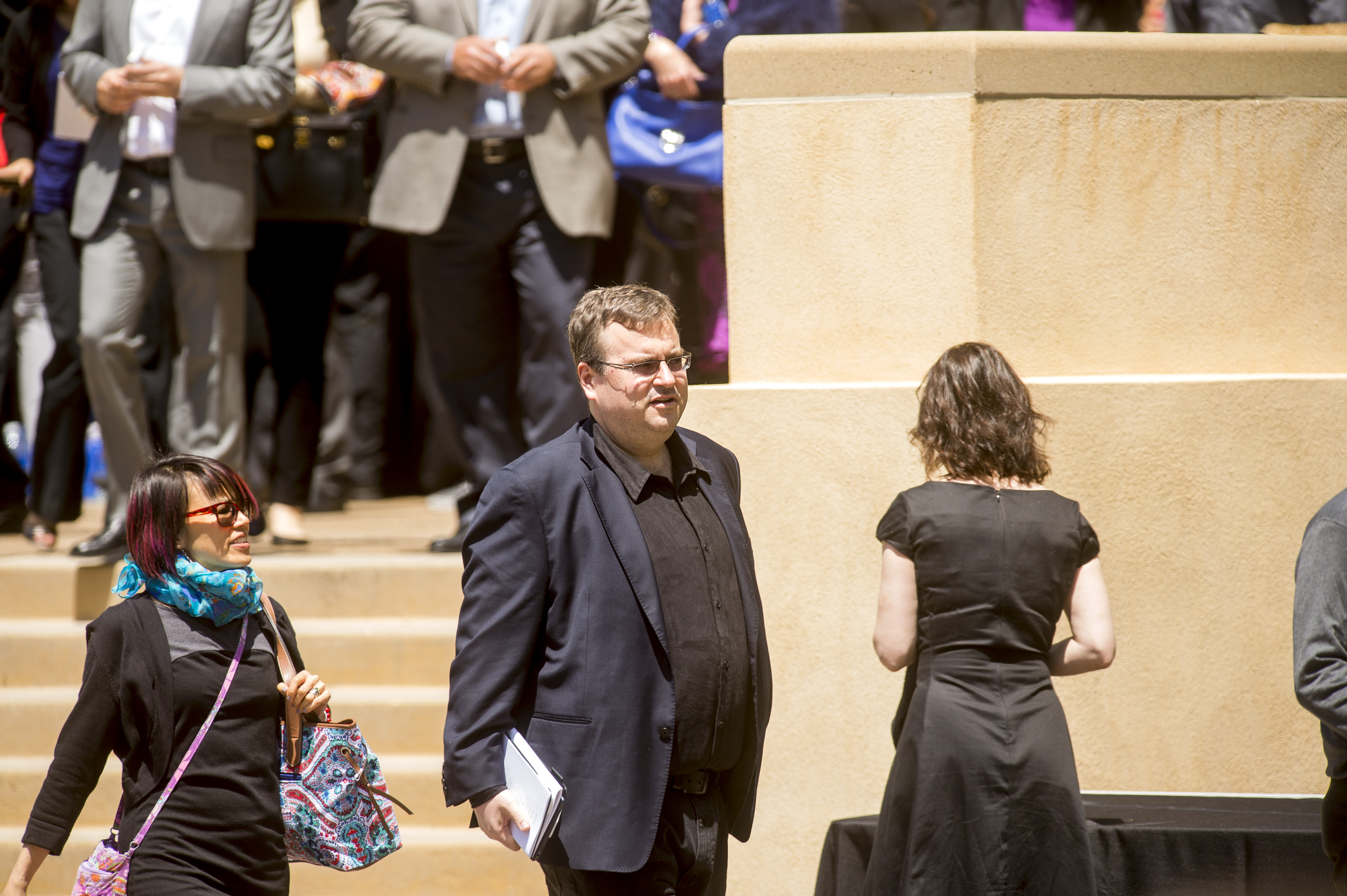 Reid Hoffman, LinkedIn executive chairman and co-founder, leaves a memorial service for SurveyMonkey CEO David Goldberg, Tuesday, May 5, 2015, in Stanford, Calif.  (AP Photo/Noah Berger) (AP)