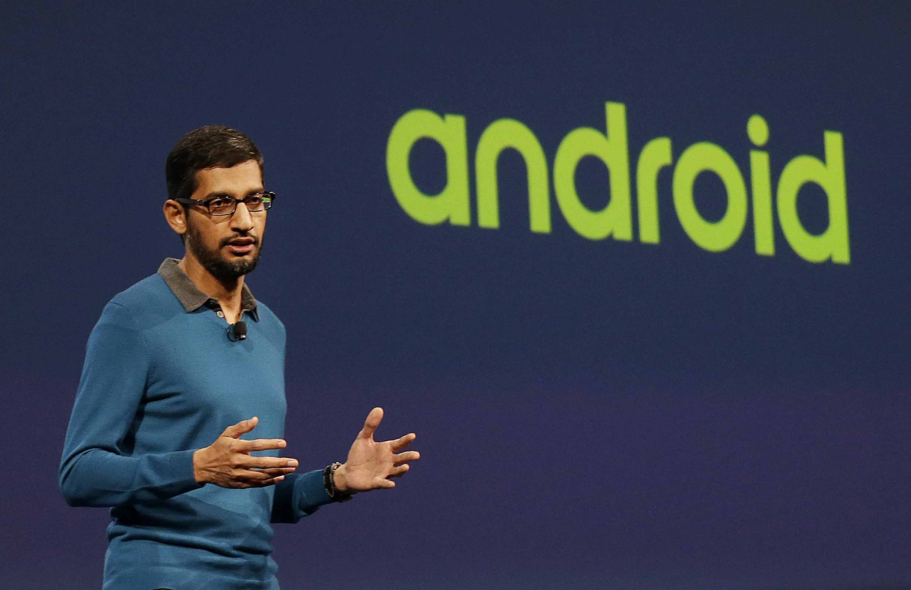 Sundar Pichai, senior vice president of Android, Chrome and Apps, speaks during the Google I/O 2015 keynote presentation in San Francisco, Thursday, May 28, 2015.  (AP Photo/Jeff Chiu) (AP)