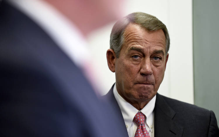 House Speaker John Boehner of Ohio listens during a news conference on Capitol Hill in Washington, Wednesday, May 13, 2015. The House debates and votes for final passage on NSA Surveillance legislation, known as the USA Freedom Act. The measure seeks to codify President Barack Obama's proposal to end the NSA's collection of domestic calling records. It would allow the agency to request certain records held by the telephone companies under a court order in terrorism investigations. (AP Photo/Susan Walsh) (AP)