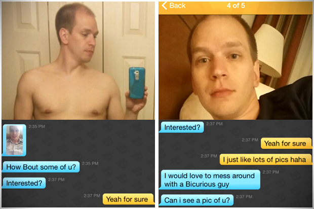 Screengrabs of Matthew Makela's Grindr messages (Grindr/Queerty)