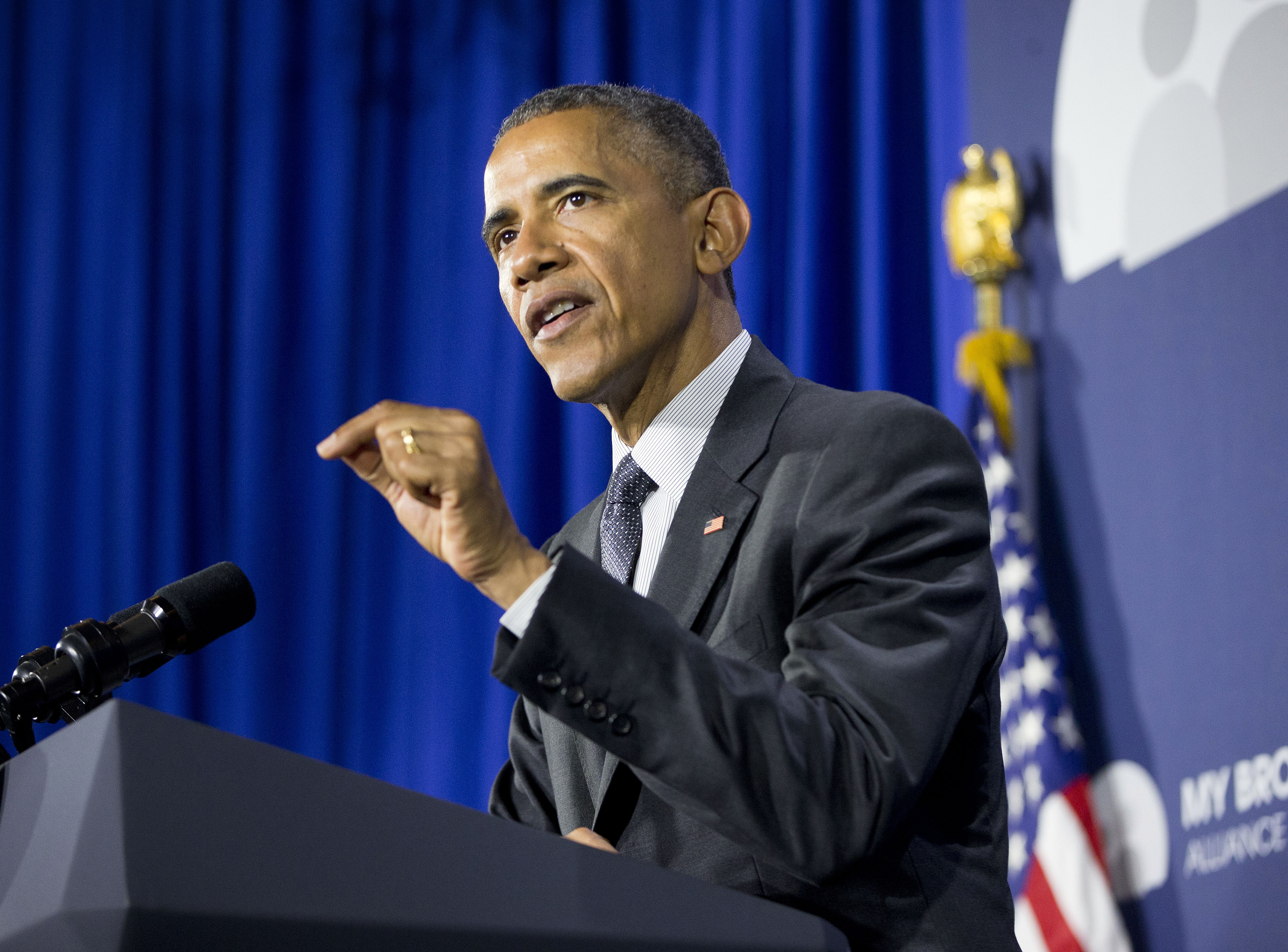President Barack Obama gestures as he speaks at Lehman College in the Bronx borough of New York, Monday, May 4, 2015. Obama announced the creation of an independent nonprofit organization that is a spin off his "My Brother's Keeper" program, which works to give young men of color more opportunities through mentoring and business partnerships. (AP Photo/Pablo Martinez Monsivais) (AP)