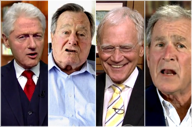 Bill Clinton, George H.W. Bush, David Letterman, George W. Bush (CBS)