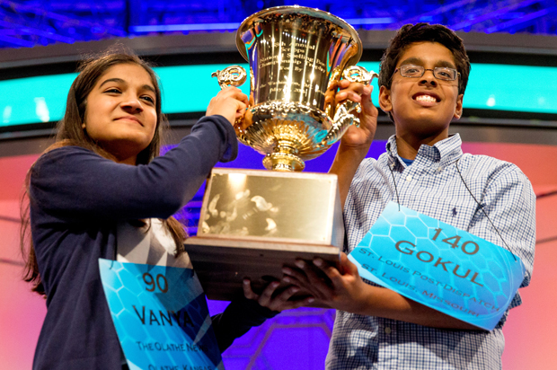 Vanya Shivashankar and Gokul Venkatachalam after winning the finals of the Scripps National Spelling Bee, May 28, 2015, in Oxon Hill, Md. (AP/Andrew Harnik)