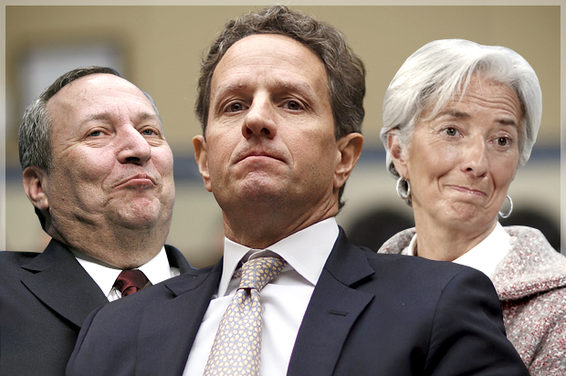 Lawrence Summers, Timothy Geithner, Christine Lagarde (AP/Reuters/Molly Riley/J. Scott Applewhite/Ruben Sprich/Photo montage by Salon)