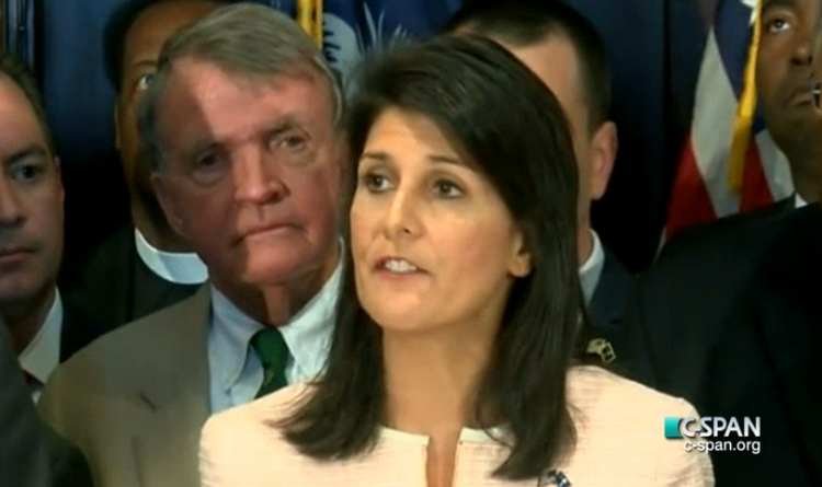 South Carolina Gov. Nikki Haley speaks at a June 22, 2015 news conference (C-SPAN screenshot)
