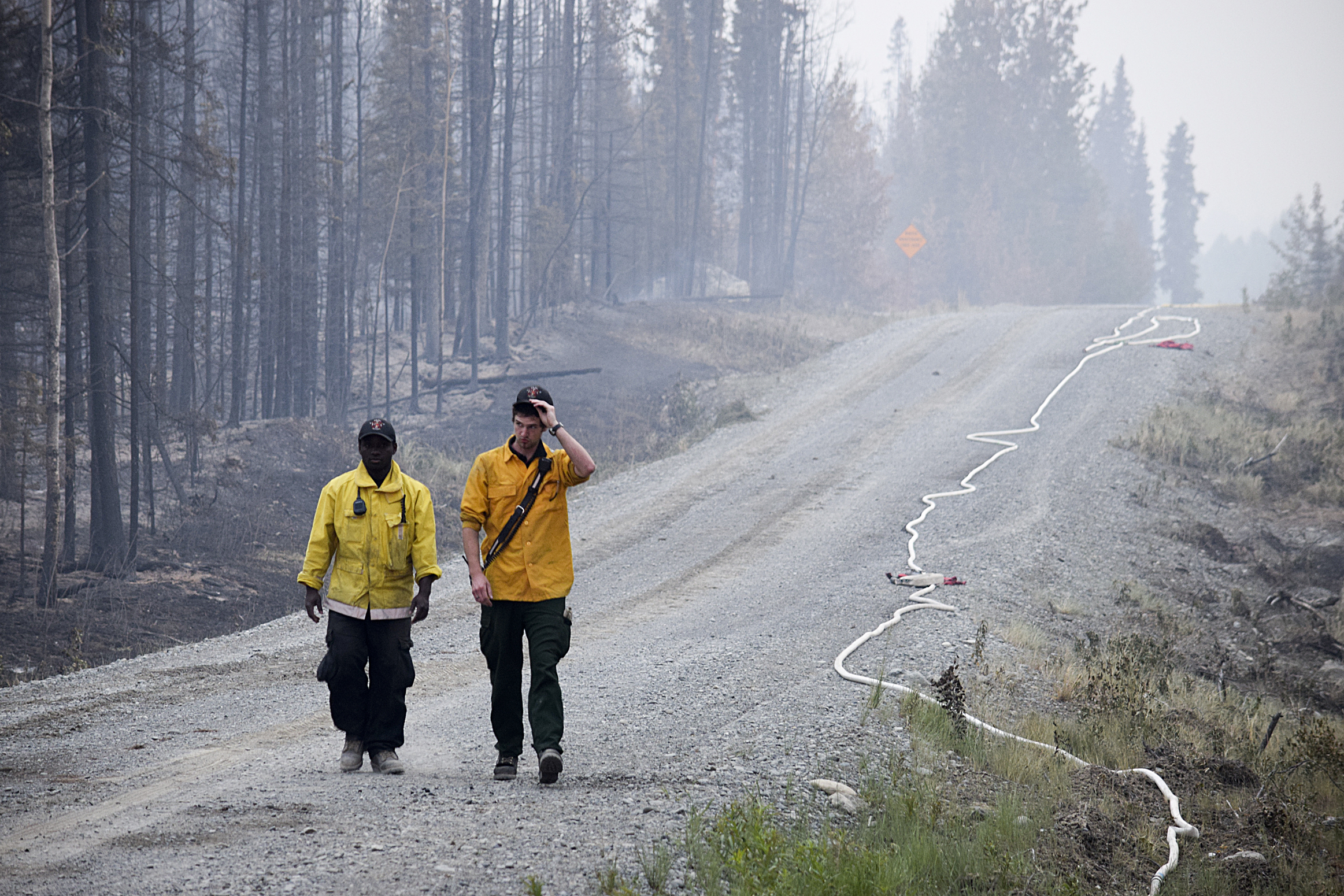 In this June 16, 2015 photo, two Nikiski Fire Department firefighters walk on a road near a fire-ravaged forest left behind by the Card Street fire in Sterling, Alaska. The wildfire moved rapidly northeast toward the Kenai National Wildlife Refuge and authorities have evacuated the Upper and Lower Skilak Lake campground. (Rashah McChesney/Peninsula Clarion via AP) (AP)