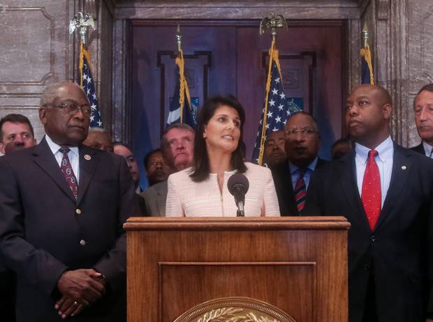 South Carolina Gov. Nikki Haley speaks during a news conference in the South Carolina State House, Monday, June 22, 2015, in Columbia, S.C. (Tim Dominick/The State via AP)