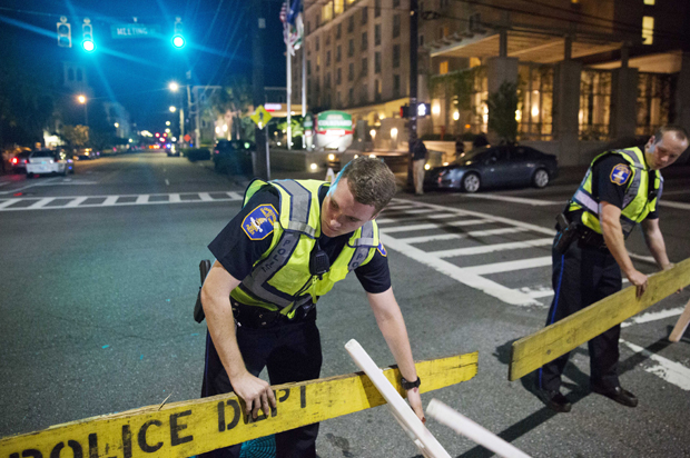 Police close off a section of Calhoun Street near the Emanuel AME Church following the shooting, Wednesday, June 17, 2015, in Charleston, S.C. (AP/David Goldman)