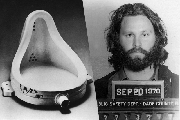 Marcel Duchamp's "Fountain," Jim Morrison's booking photo. (Wikimedia/Salon)