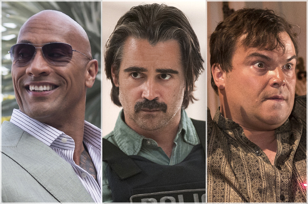 Dwayne Johnson in "Ballers," Colin Farrell in "True Detective," Jack Black in "The Brink" (HBO)