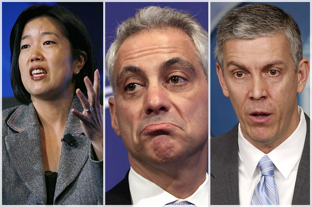 Michelle Rhee, Rahm Emanuel, Arne Duncan (Reuters/Hyungwon Kang/Yuri Gripas/Larry Downing)