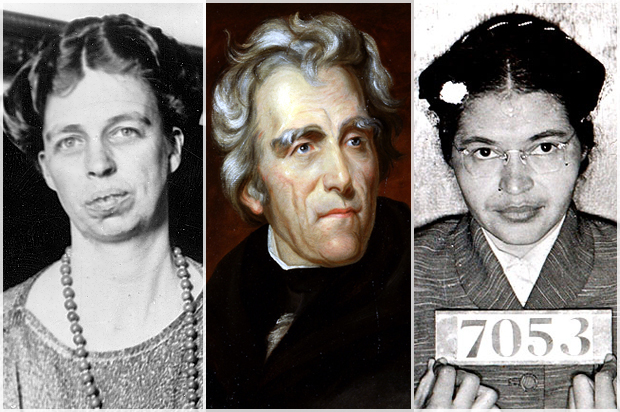 Eleanor Roosevelt, Andrew Jackson, Rosa Parks (AP/Wikimedia)