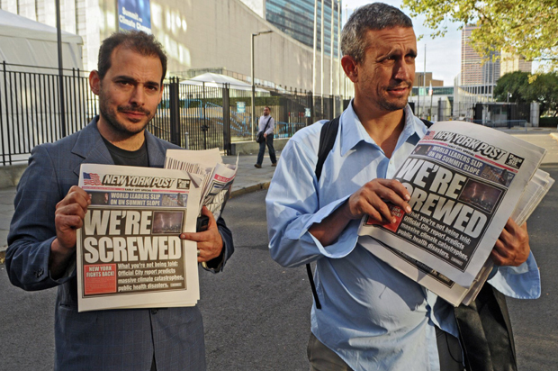 Andy Bichlbaum and Mike Bonanno in "The Yes Men Are Revolting" (The Orchard)