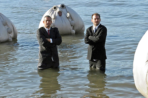 Andy Bichlbaum and Mike Bonanno in "The Yes Men are Revolting" (The Orchard)