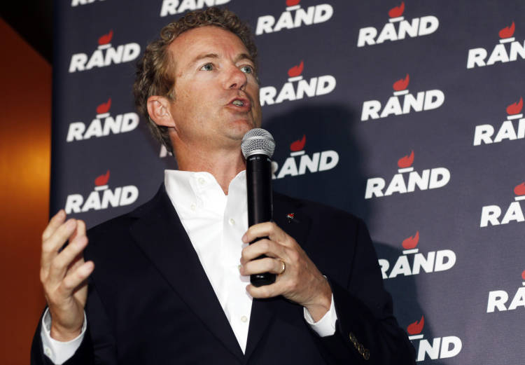 In this photograph taken Tuesday, June 30, 2015, Republican presidential hopeful Sen. Rand Paul of Kentucky speaks during a campaign stop at a sports bar in the Cherry Creek area in Denver. (AP Photo/David Zalubowski) (AP)