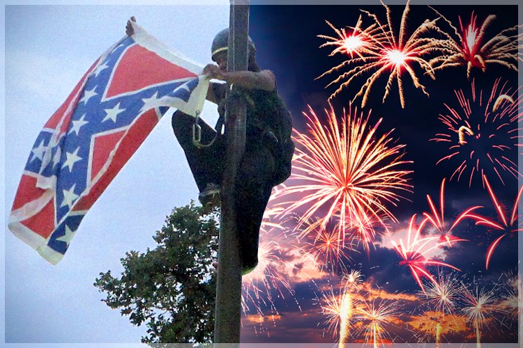 Bree Newsome removes the Confederate flag at a Confederate monument at the Statehouse in Columbia, S.C., June, 27, 2015. (AP/Bruce Smith/<a href='http://www.shutterstock.com/gallery-763222p1.html'>photowings</a> via <a href='http://www.shutterstock.com/'>Shutterstock</a>/Photo montage by Salon)